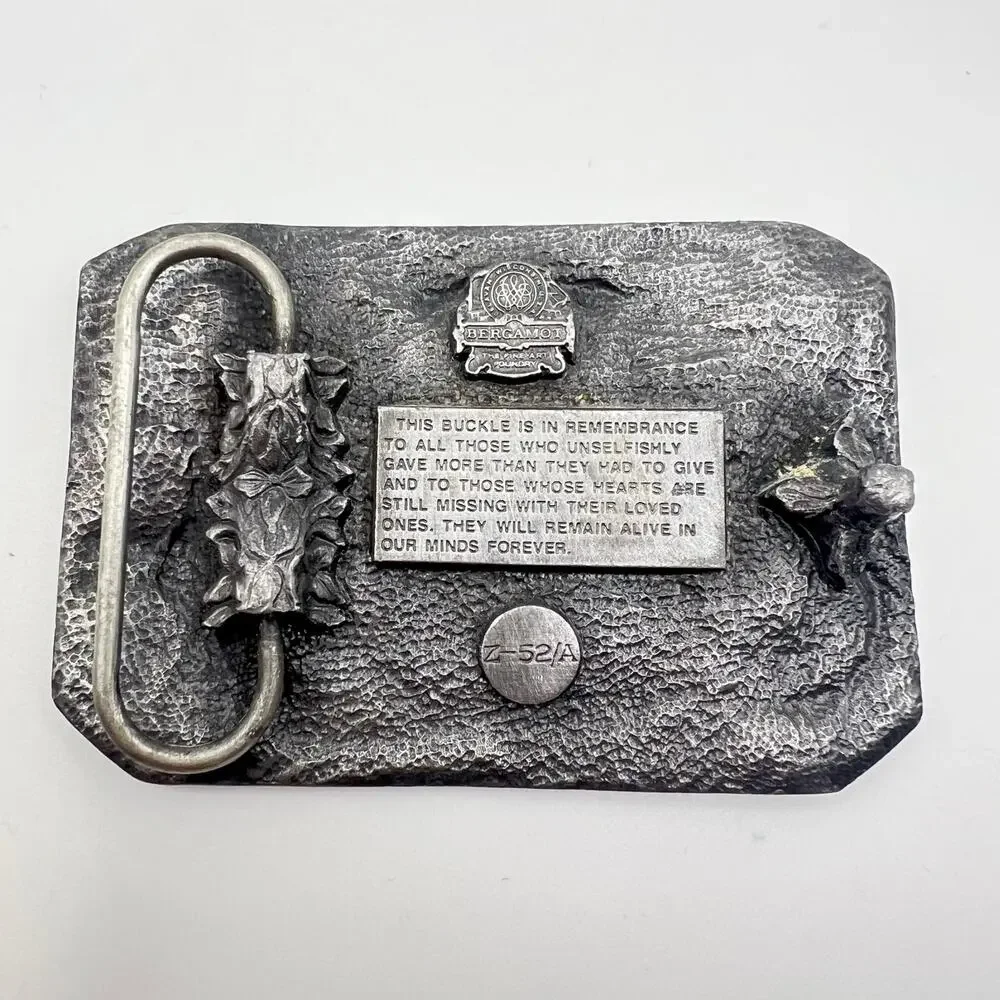 VTG POW MIA Belt Buckle You Are Not Forgotten Military Bergamot Pewter Enamel